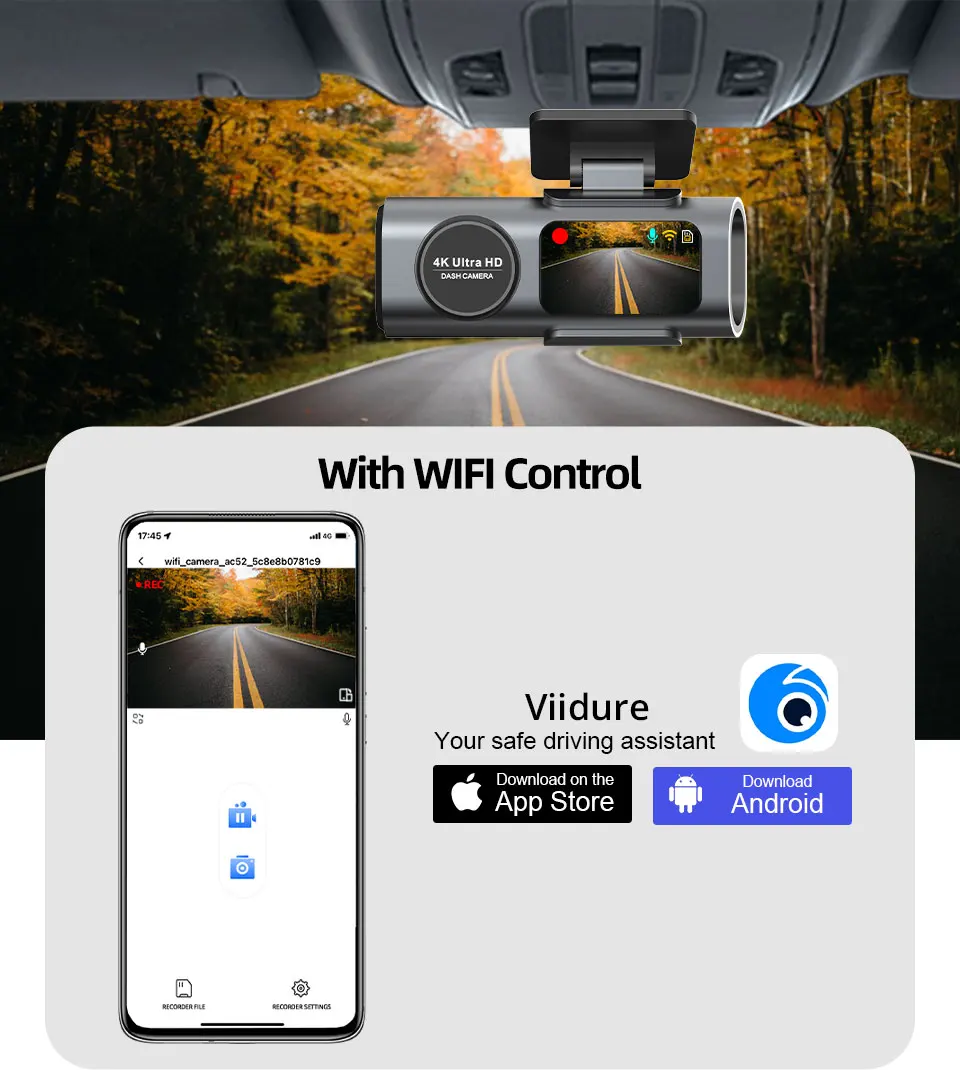 Kamera samochodowa 4K UHD z nagrywaniem DVR, noktowizorem, wbudowanym Wi-Fi, obsługą GPS, 24-godzinnym parkowaniem