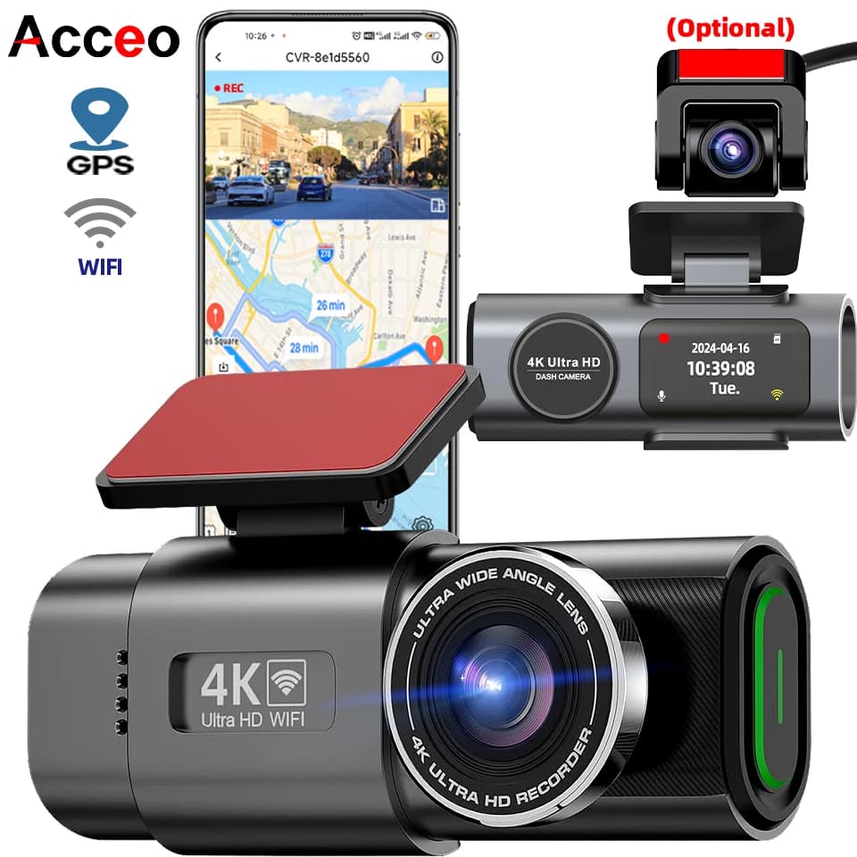 Kamera samochodowa 4K UHD z nagrywaniem DVR, noktowizorem, wbudowanym Wi-Fi, obsługą GPS, 24-godzinnym parkowaniem