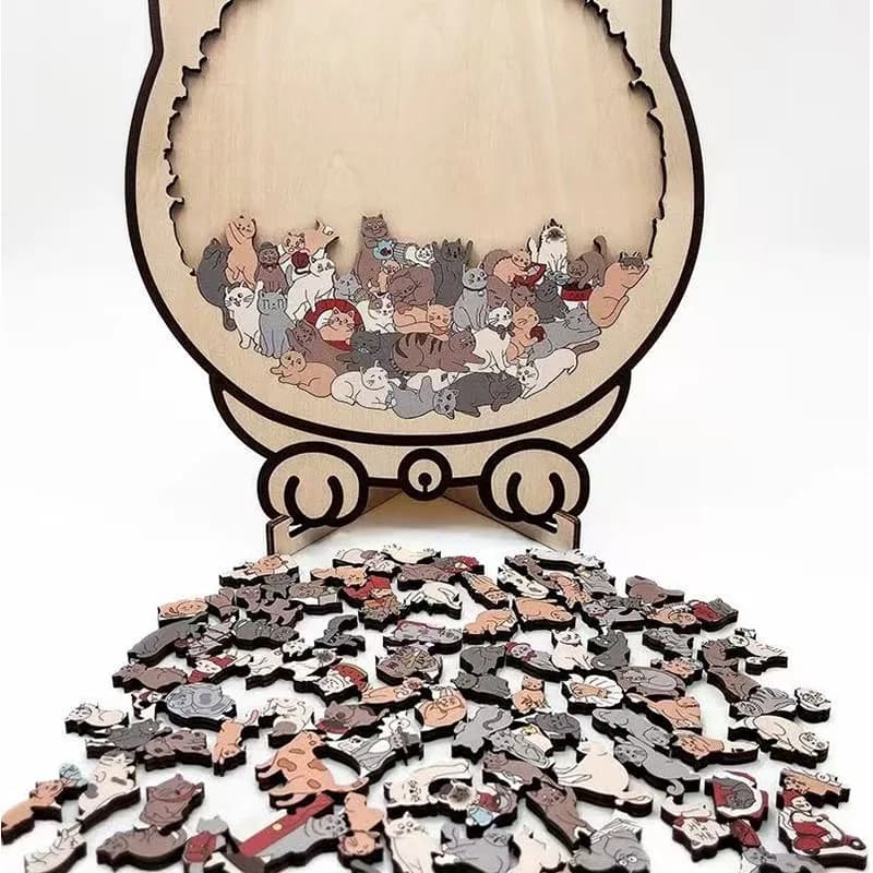 Drewniana układanka w kształcie kota. 135 elementów Unikalne nieregularne elementy układanki. Gra urodzinowa. Prezent świąteczny dla miłośników kotów. Dekoracje do domu.